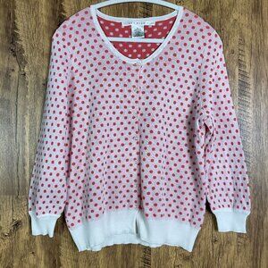 NWT Max Studio Scoop Neck Cotton Cardigan Sweater White w/Coral Polka Dots, XL